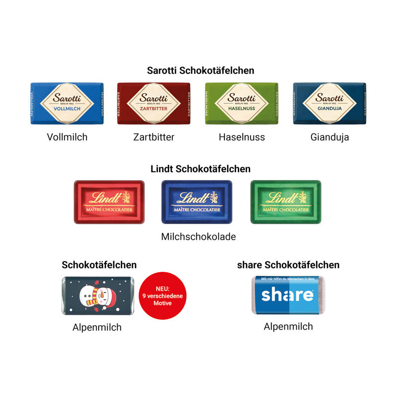 Täfelchen Adventskalender ECO, Graspapier, Papierblister, Lindt Schokotäfelchen
