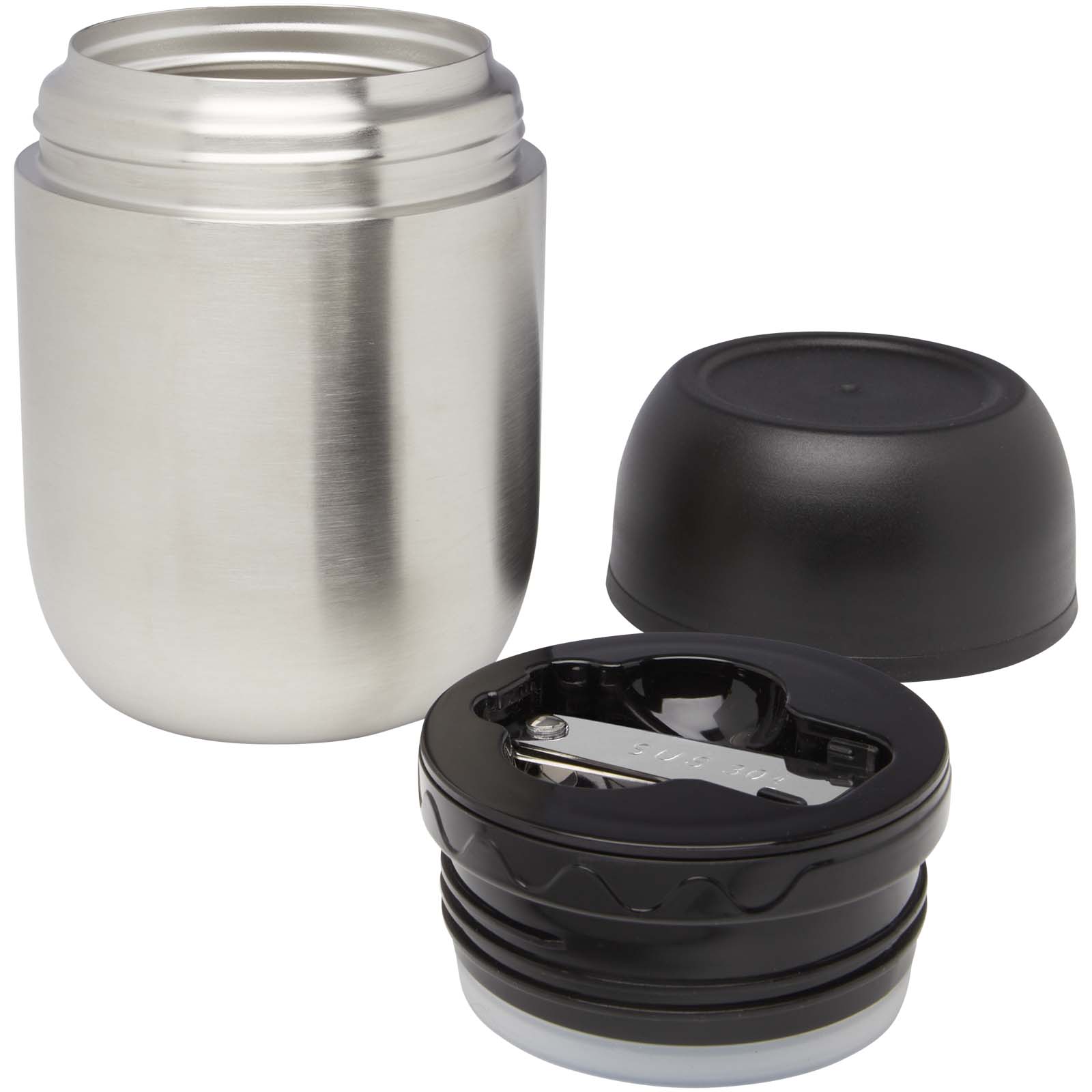 Supo 480 ml doppelwandiger Lunchpot aus recyceltem Edelstahl mit faltbarem Löffel silber