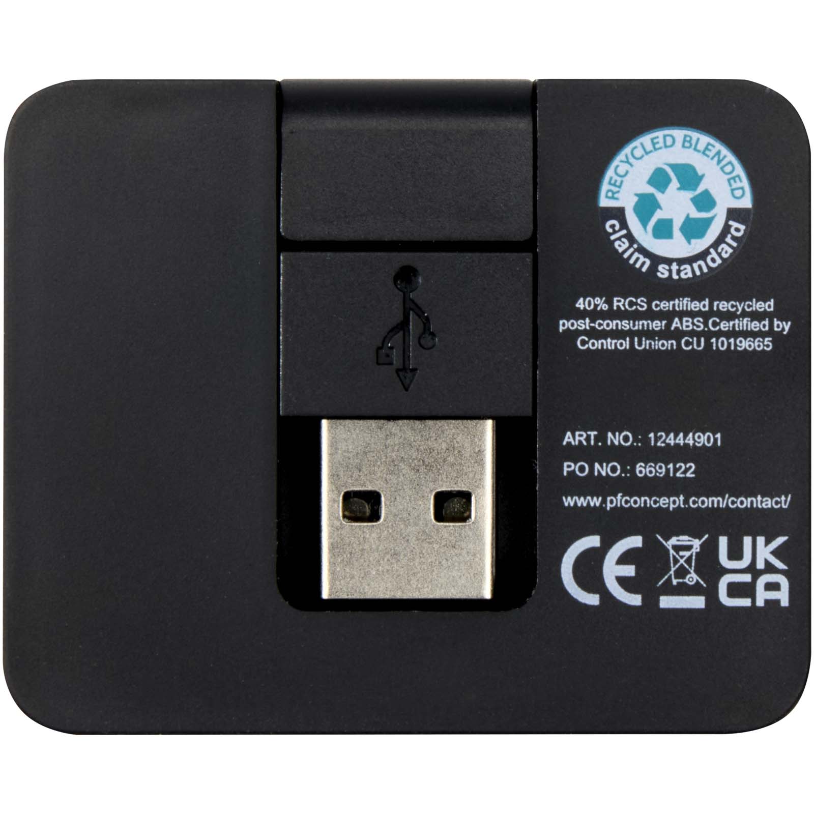 Gaia 4 Port USB Hub mit USB-A- und Typ-C-Ausgang und zwei Eingängen aus recyceltem Kunststoff schwarz