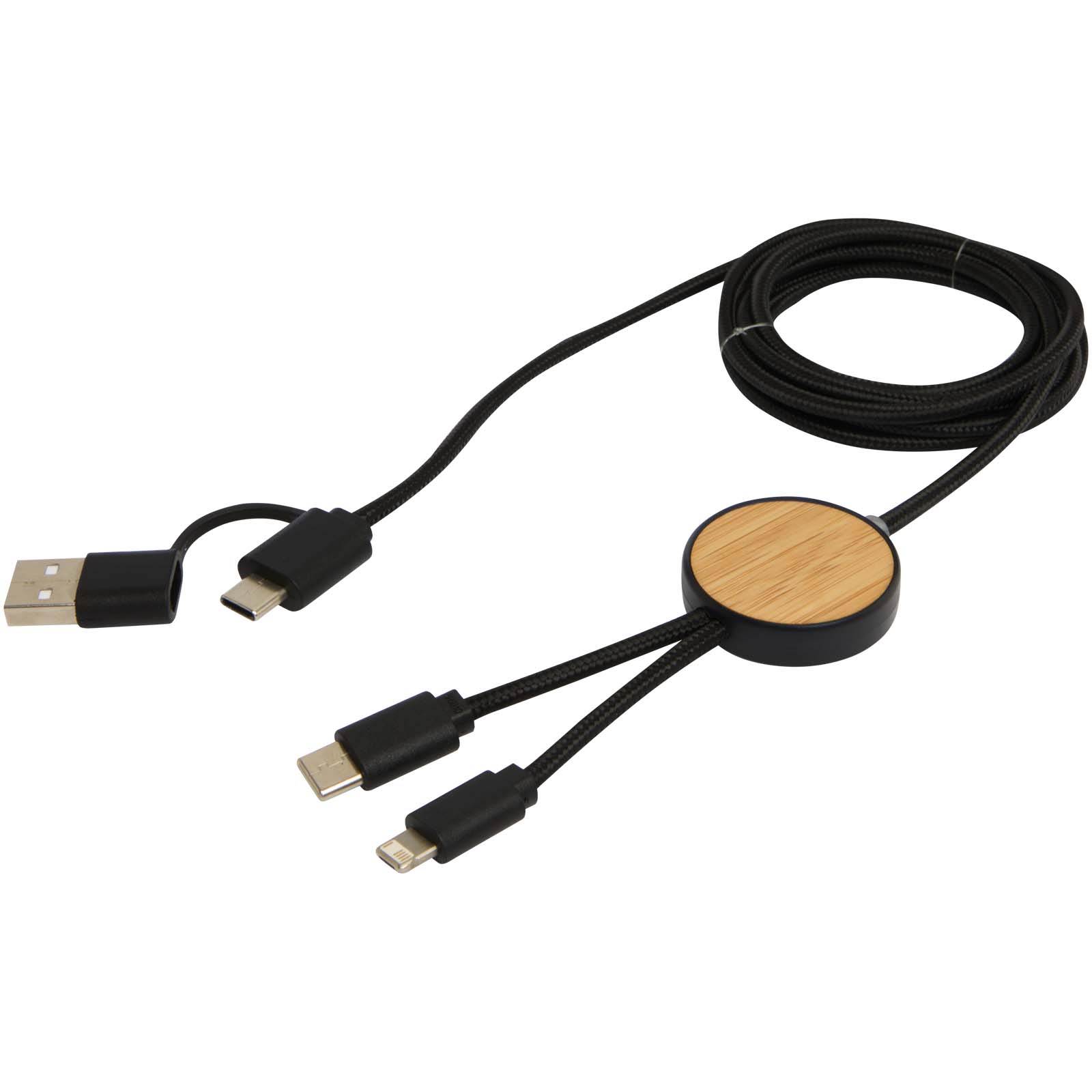 Chechia 150 cm 5-in-1 Kabel aus recyceltem Kunststoff für Datenübertragung und 27W Schnellladung mit Bambusdetails schwarz