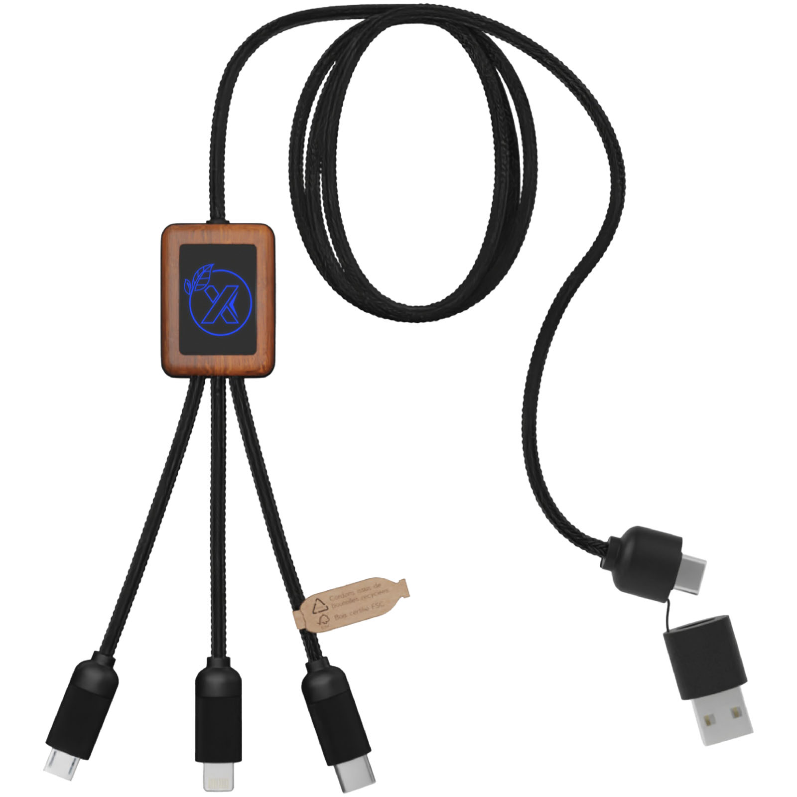 SCX.design C38 40W 5-in-1 Ladekabel aus rPET in quadratischem Bambusgehäuse mit Leuchtlogo blau, holz