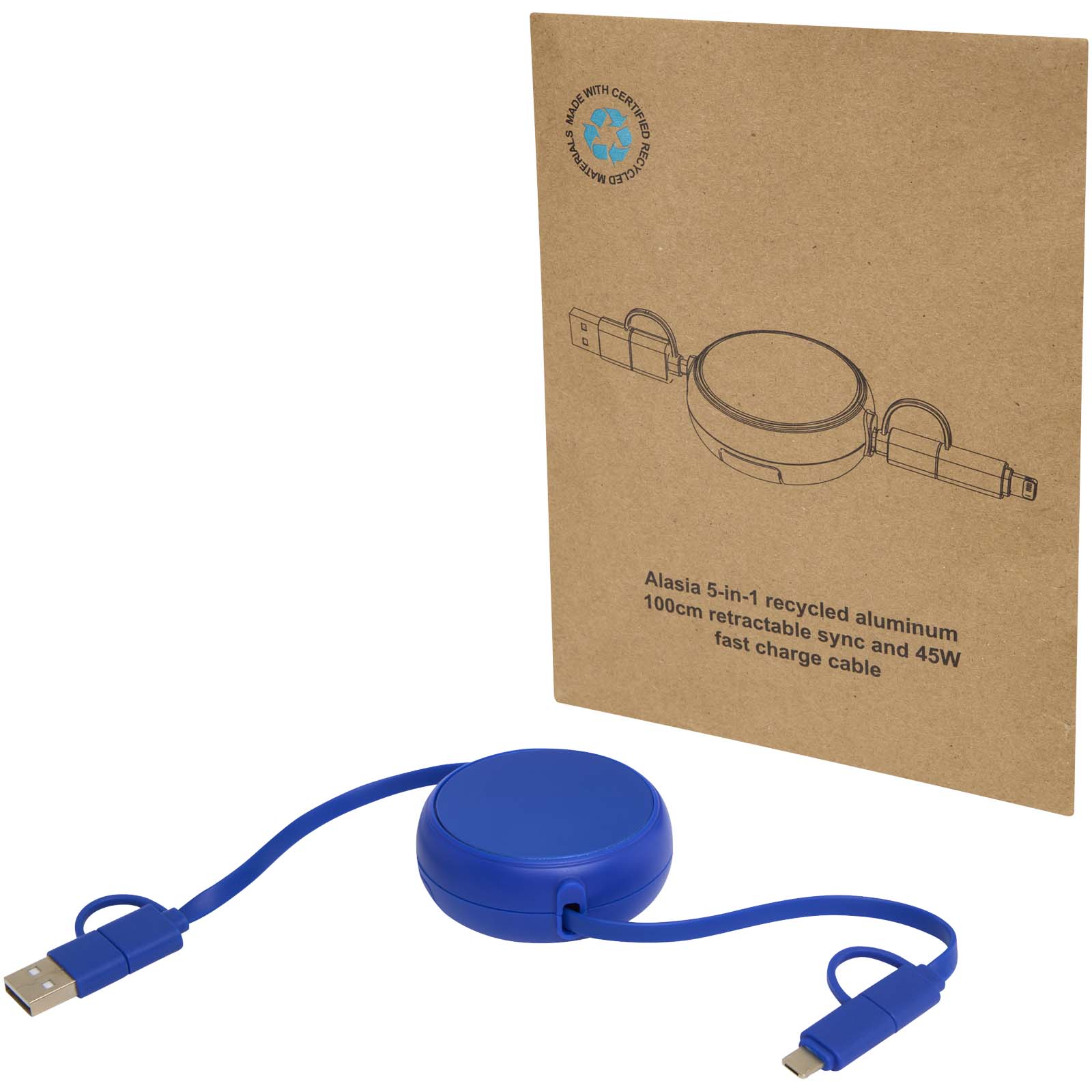 Alasia 100 cm 5-in-1 Kabel aus recyceltem Kunststoff und Aluminium, einziehbar, für Datenübertragung und mit 45W Schnellladun royalblau