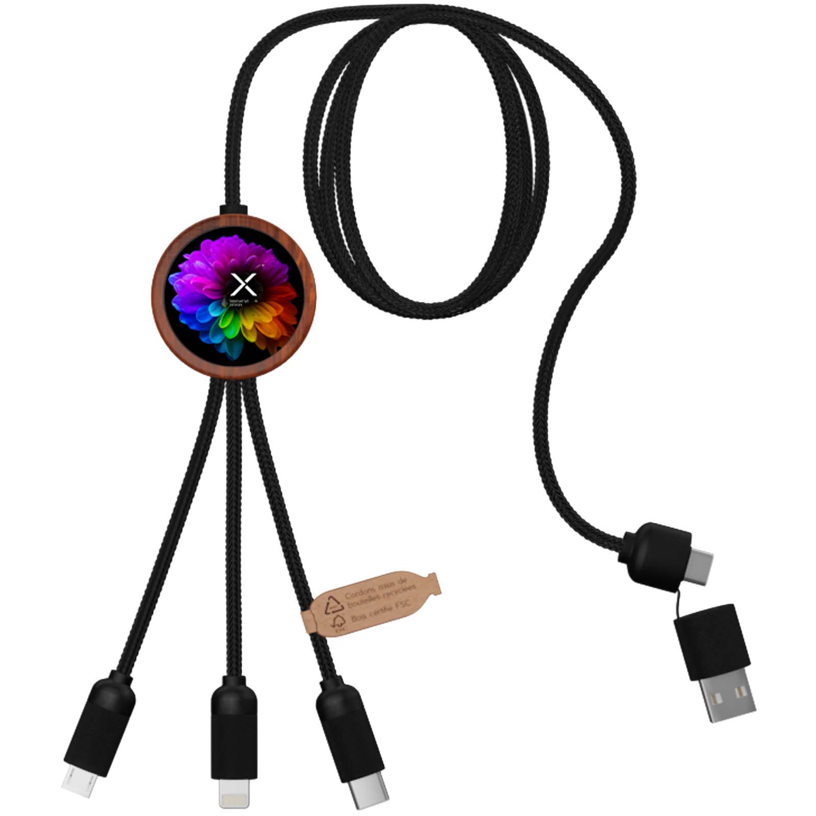 SCX.design C37 40W 5-in-1 rPET Ladekabel in rundem Bambusgehäuse mit Leuchtlogo holz