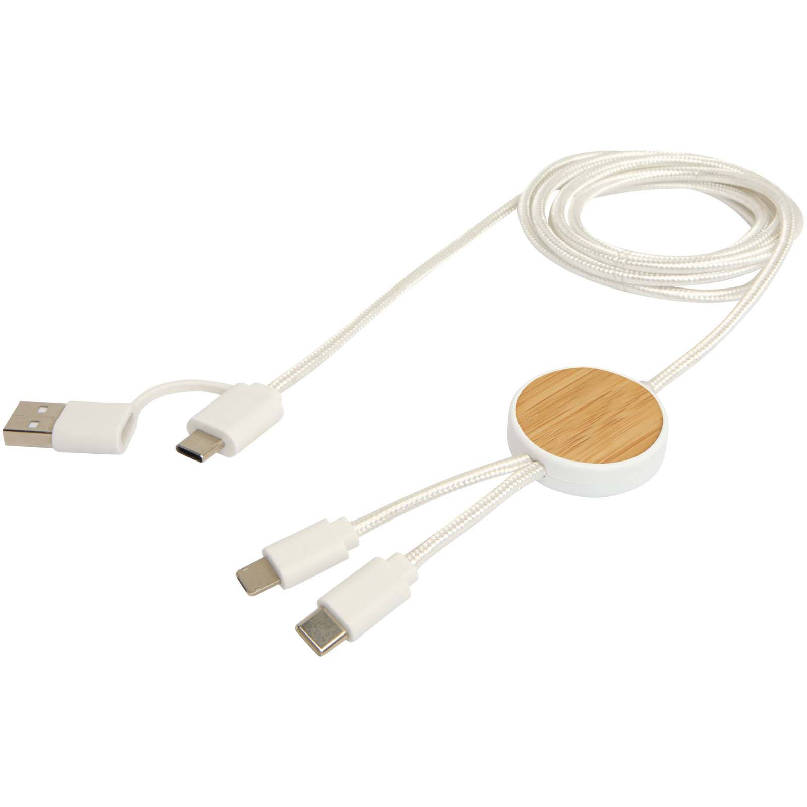 Chechia 150 cm 5-in-1 Kabel aus recyceltem Kunststoff für Datenübertragung und 27W Schnellladung mit Bambusdetails weiss