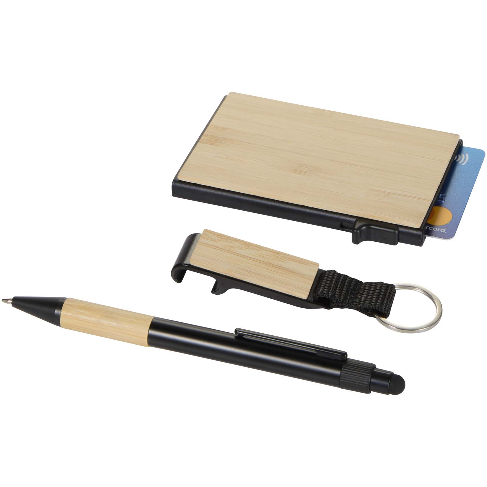 Minka Set mit Kugelschreiber aus RCS Recycling-Aluminium, Schlüsselanhänger und RFID-Kartenhalter natur, schwarz