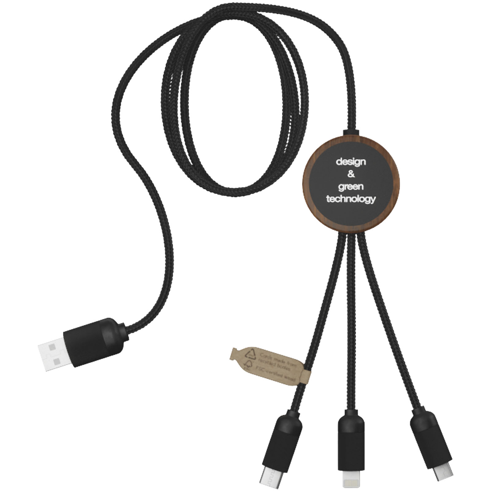 SCX.design C36 3-in-1 rPET erweitertes Ladekabel mit Leuchtlogo in rundem Bambusgehäuse holz