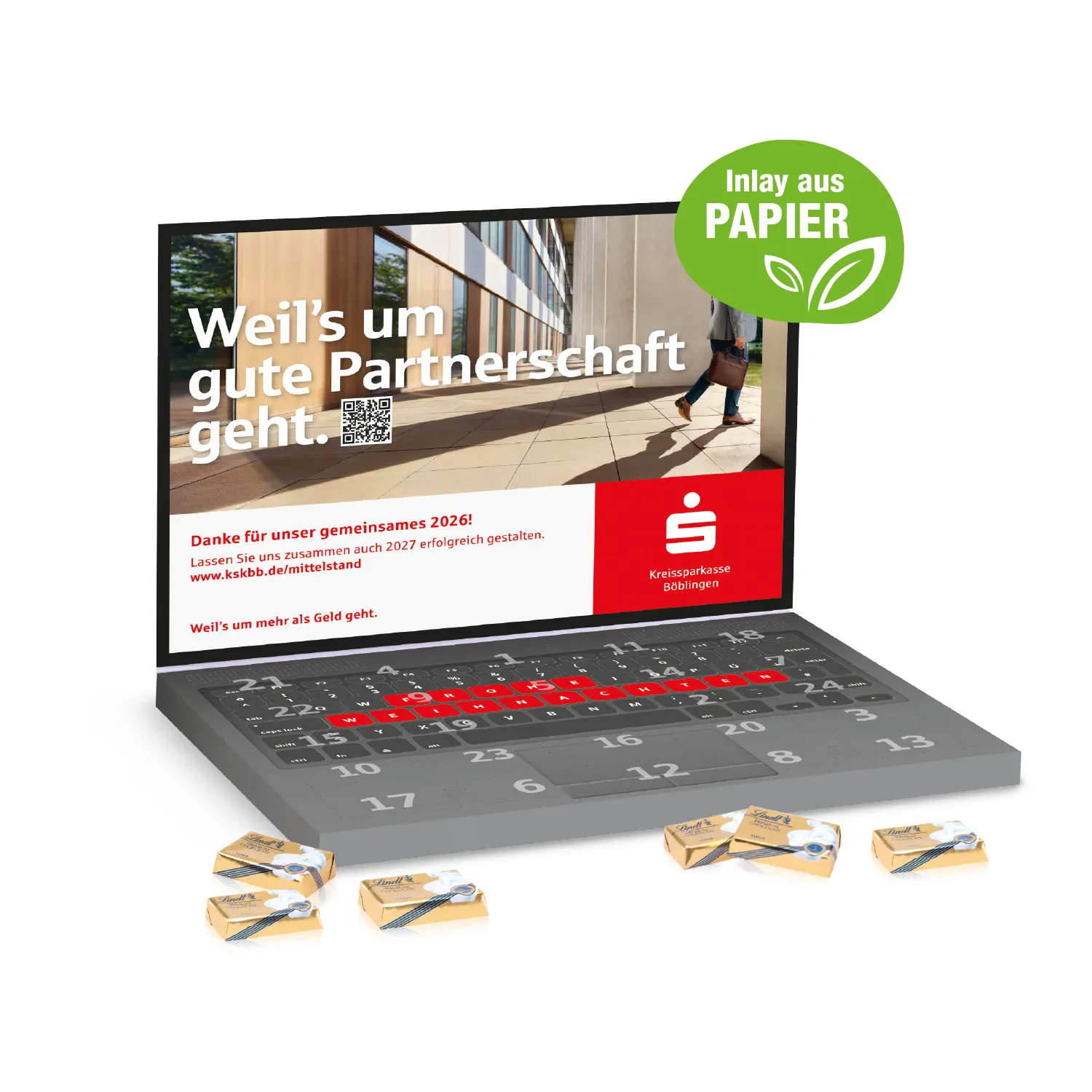 Adventskalender "Laptop" mit Lindt Schokolade, Inlay aus Papier