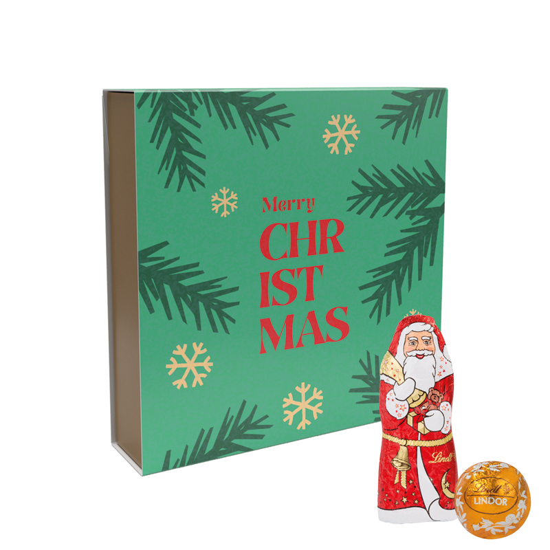 Lindt Präsent im Werbeschuber, Kleine Kostbarkeiten Santa
