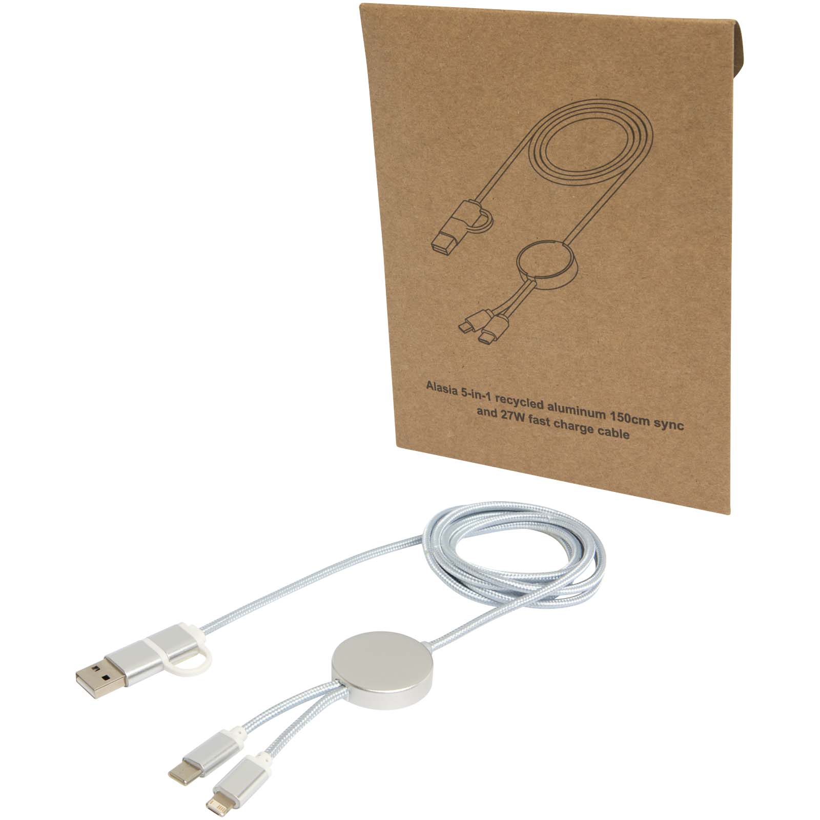 Alasia 150 cm 5-in-1 Kabel aus recyceltem Kunststoff für Datenübertragung und 27W Schnellladung silber