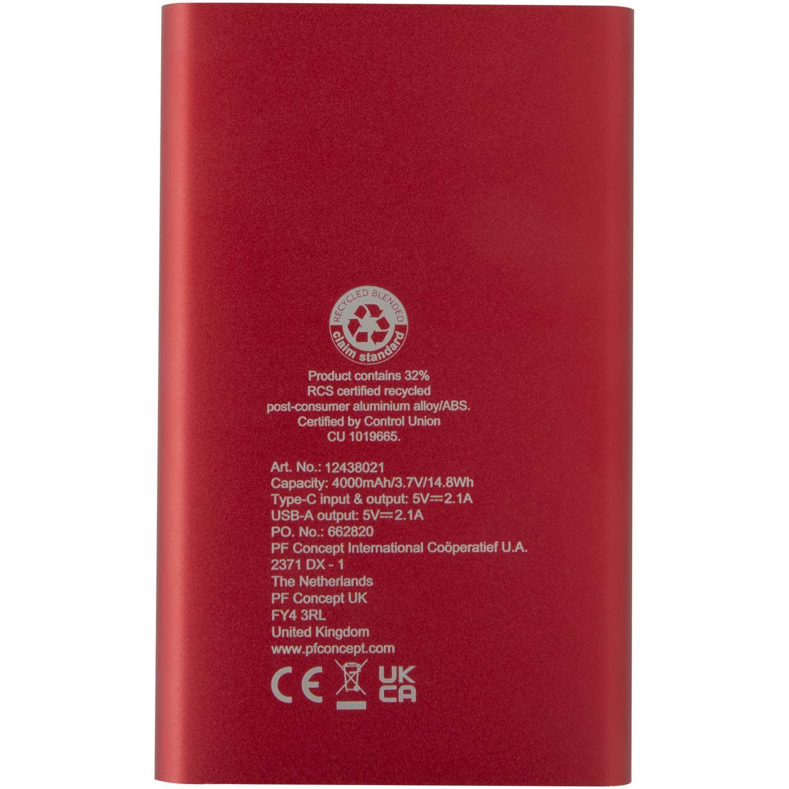 Pep 4000 mAh Type-C Powerbank aus recyceltem Aluminium rot