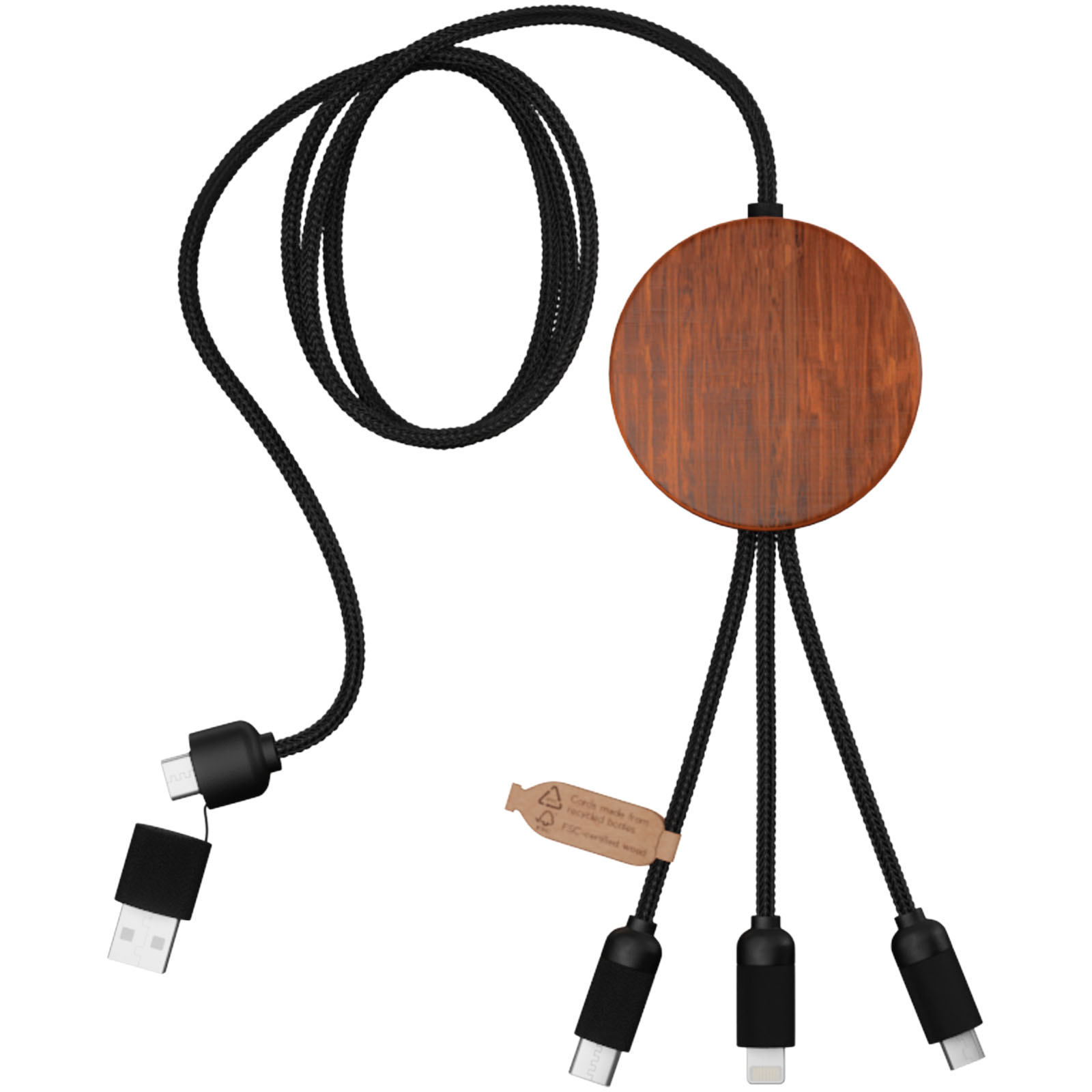 SCX.design C40 5-in-1 Ladekabel aus rPET mit 10W Ladepad und Leuchtlogo holz
