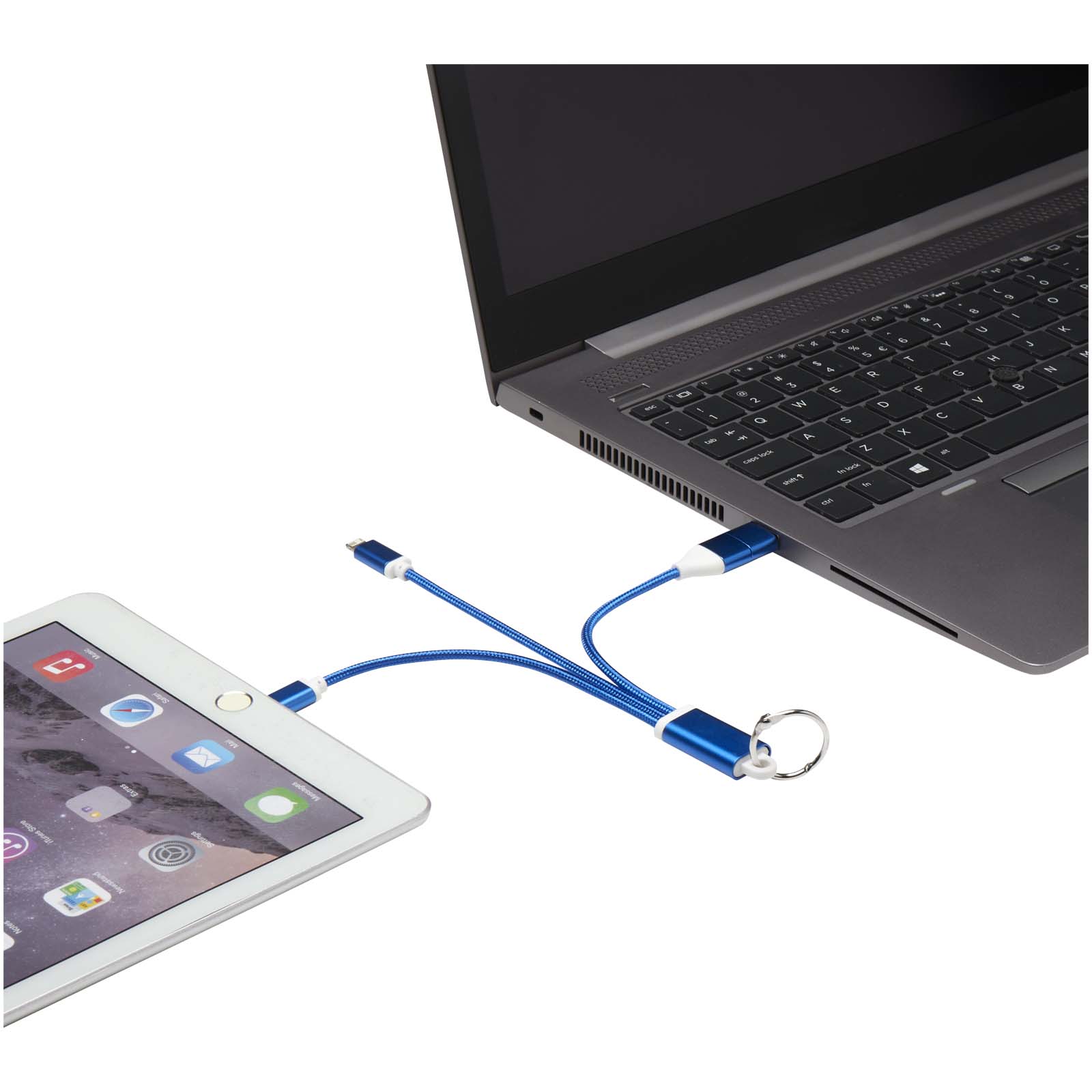 Metal 4-in-1 Ladekabel aus recyceltem Aluminium mit Schlüsselanhänger royalblau
