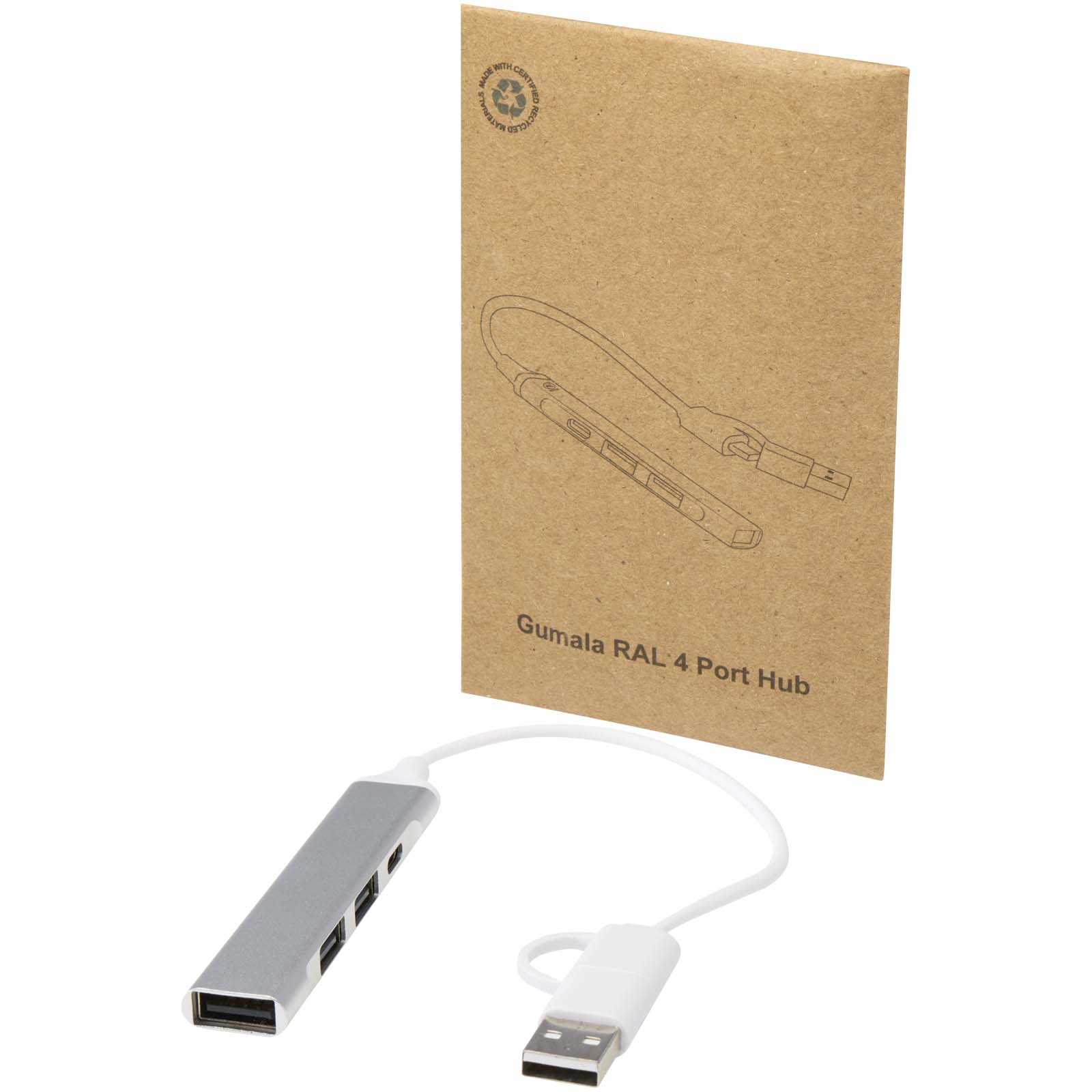 Alkaid 4 Port Hub aus recyceltem Aluminium mit USB-A- und Typ-C-Anschlüssen und zwei Eingängen silber