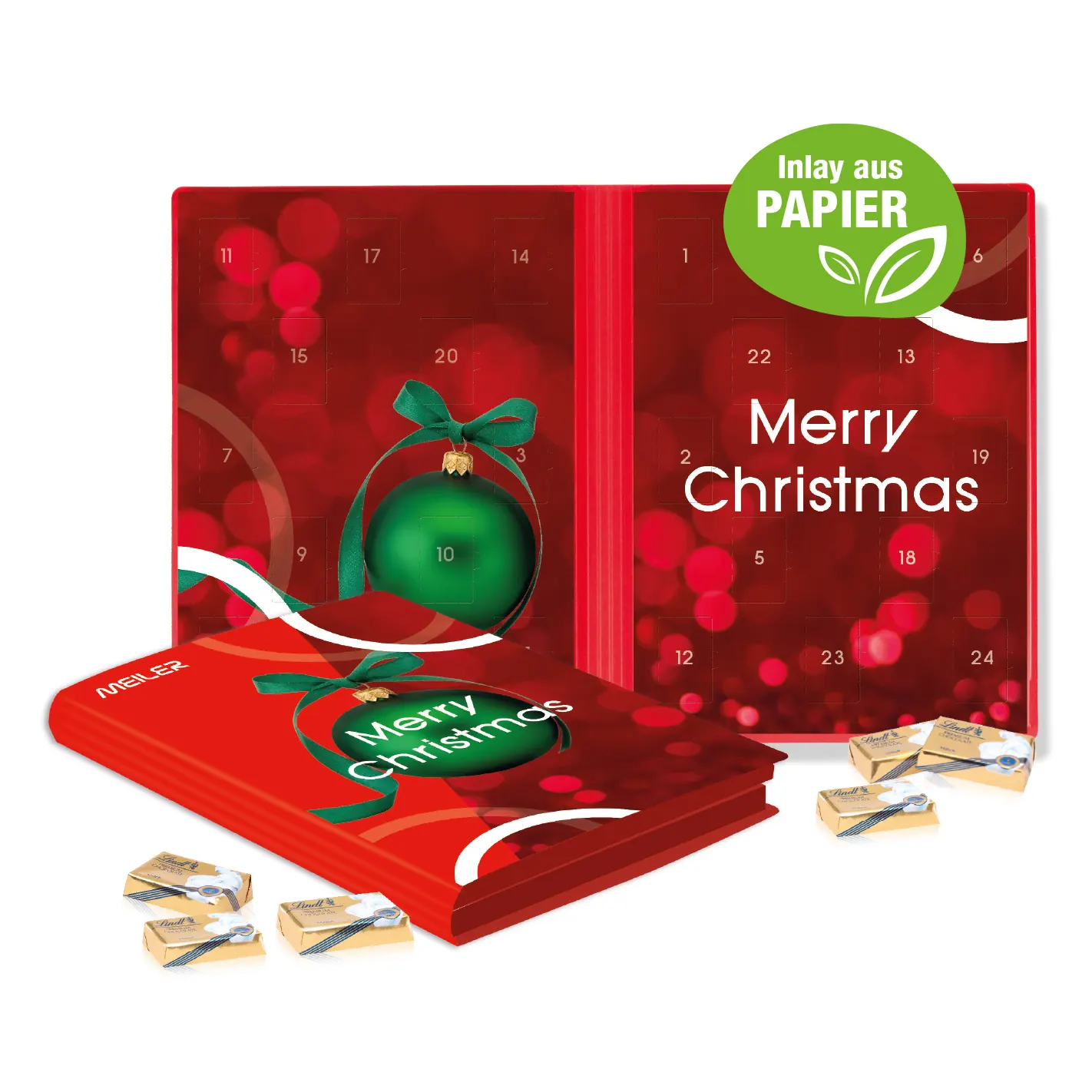 Adventskalender Weihnachtsbuch mit Lindt Schokolade, Inlay aus Papier