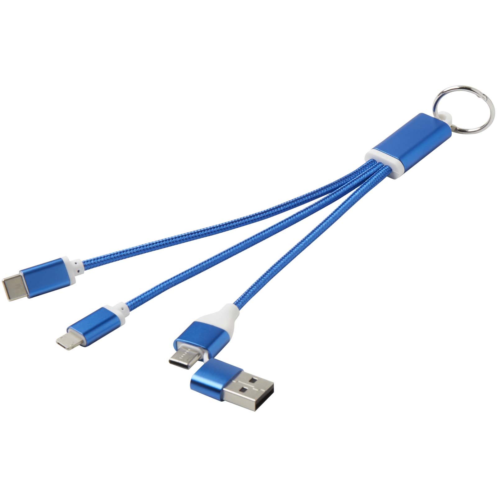 Metal 4-in-1 Ladekabel aus recyceltem Aluminium mit Schlüsselanhänger royalblau