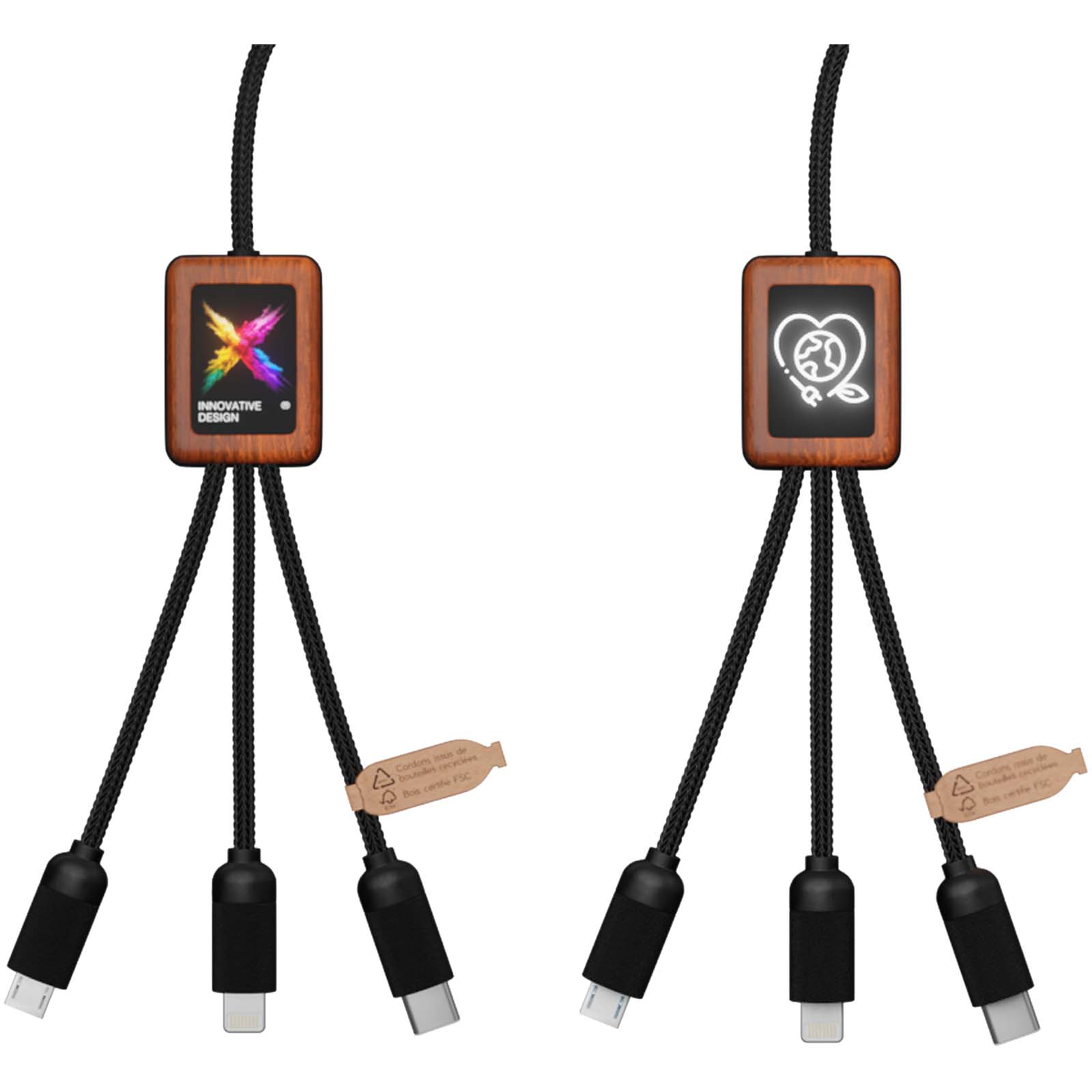 SCX.design C38 40W 5-in-1 Ladekabel aus rPET in quadratischem Bambusgehäuse mit Leuchtlogo schwarz, holz