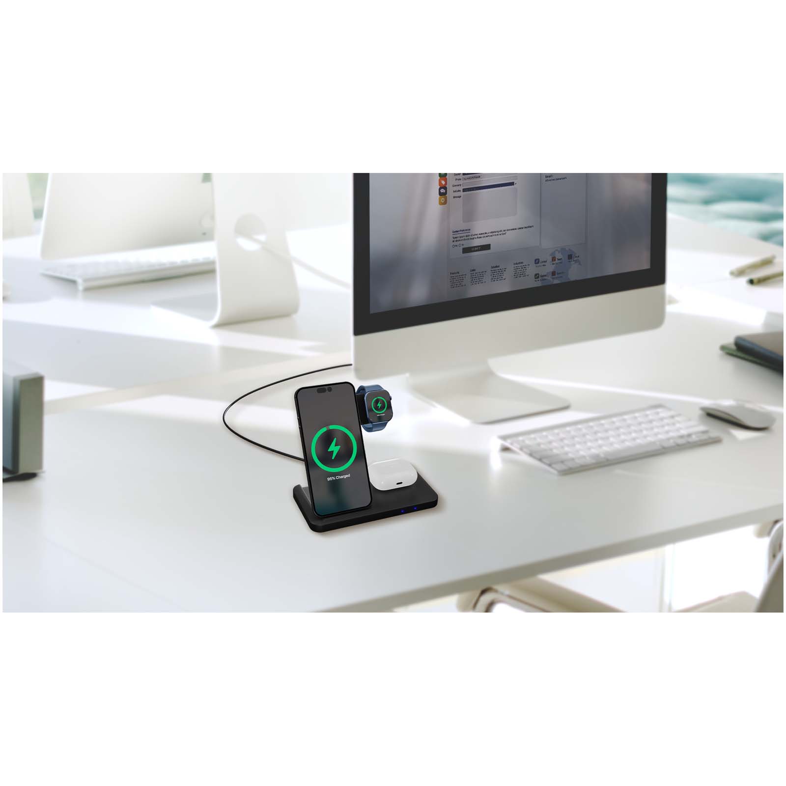 SCX.design W28 kabellose 3-in-1 Ladestation kabellos mit Telefonständer und Leuchtlogo schwarz