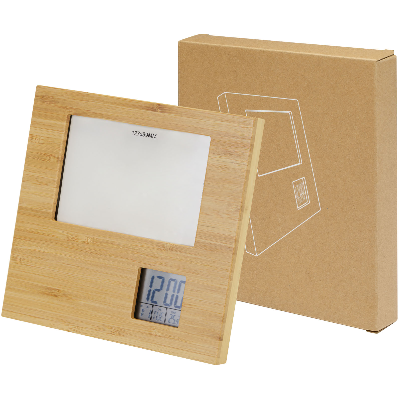 Sasa Bambus Fotorahmen Tischuhr mit Thermometer natur