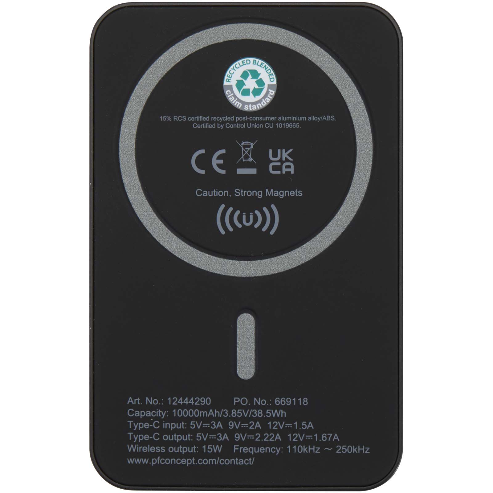 Acrab 15 W 10.000 mAh magnetische kabellose Powerbank mit 20 W PD aus recyceltem Kunststoff schwarz