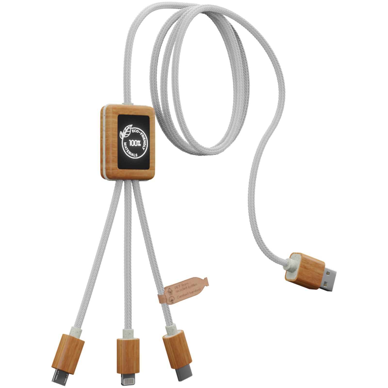 SCX.design C39 3-in-1-Ladekabel aus rPET mit Leuchtlogo und Bambusgehäuse weiss