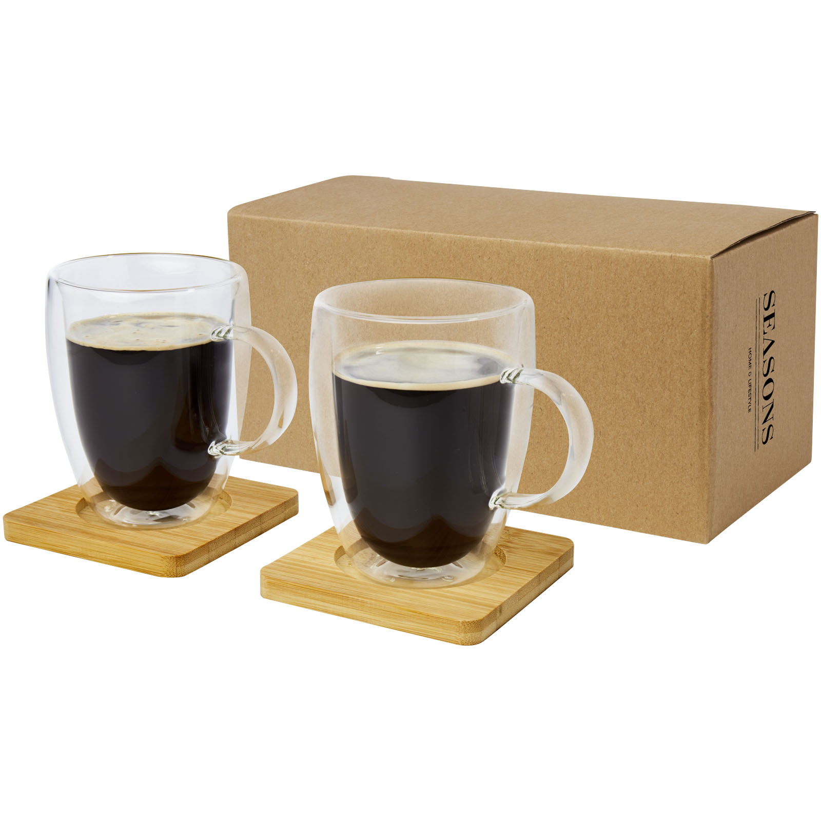 Manti 2-teiliger 350 ml doppelwandiger Glasbecher mit Bambusuntersetzer transparent, natural