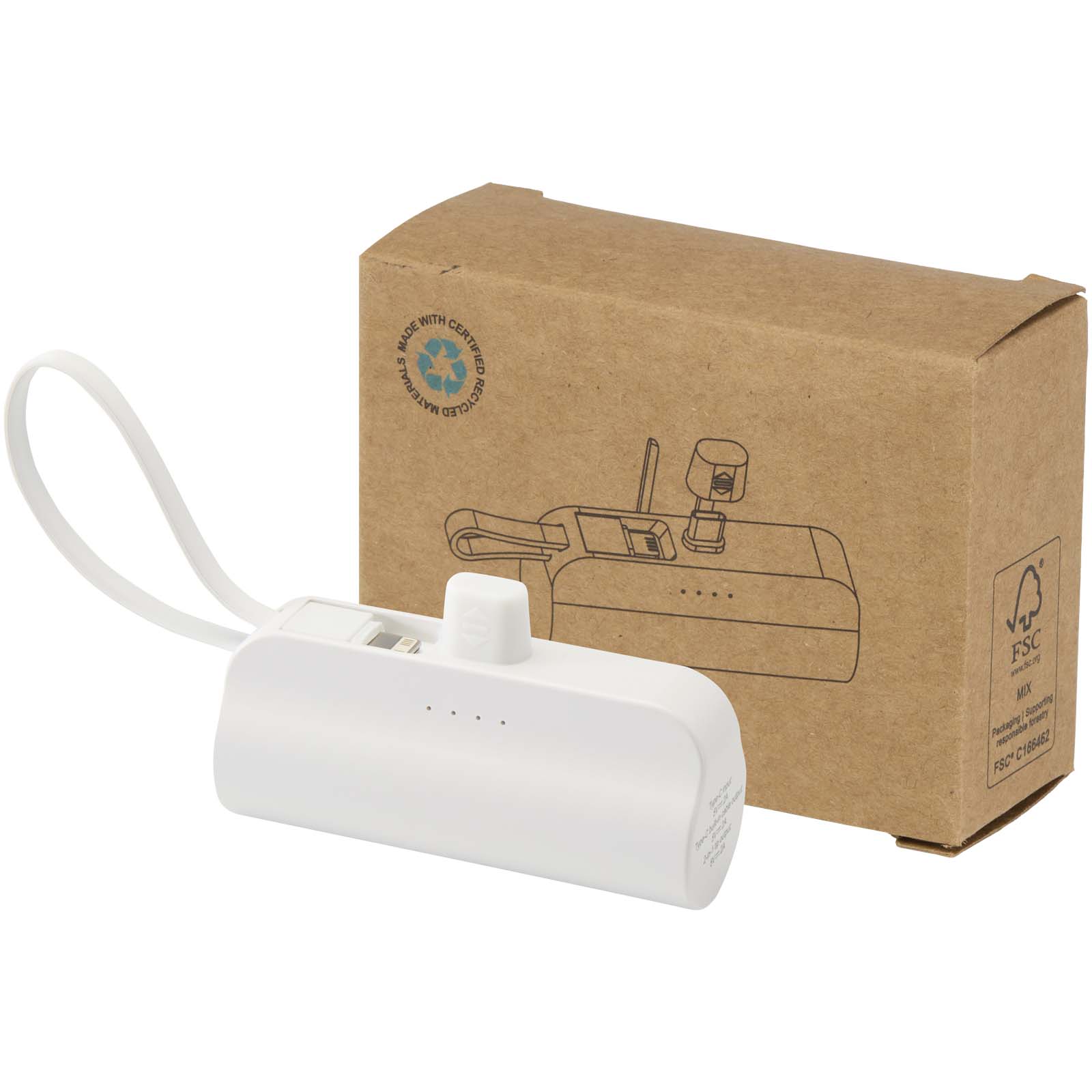 Alnair 10 W 5000 mAh Typ C Powerbank aus recyceltem Kunststoff mit integriertem Klappständer und 2 in 1 Kabel weiss