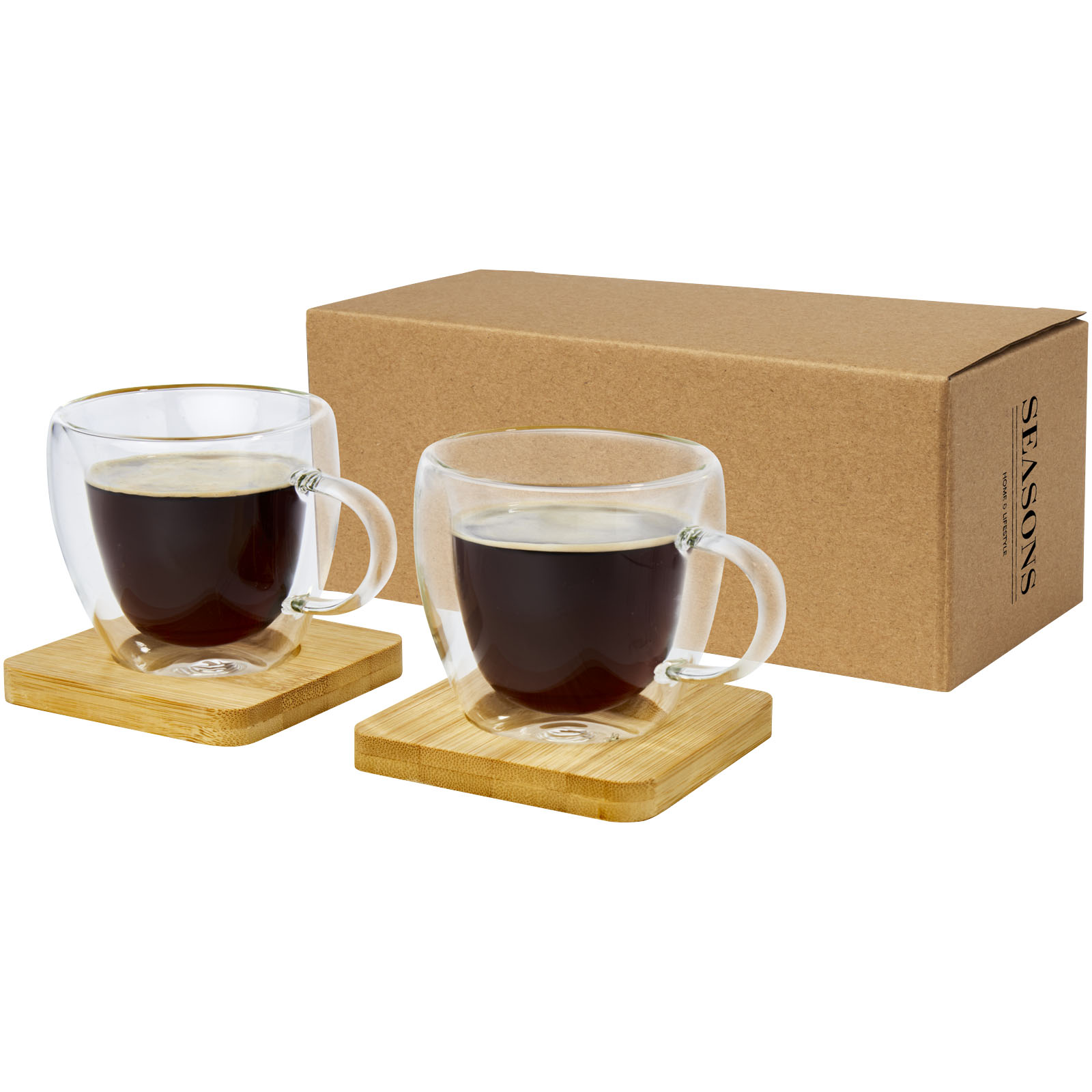 Manti 2-teiliger 100 ml doppelwandiger Glasbecher mit Bambusuntersetzer transparent, natural