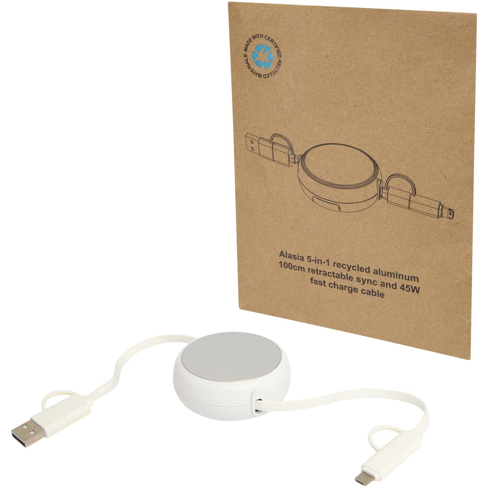 Alasia 100 cm 5-in-1 Kabel aus recyceltem Kunststoff und Aluminium, einziehbar, für Datenübertragung und mit 45W Schnellladun silber