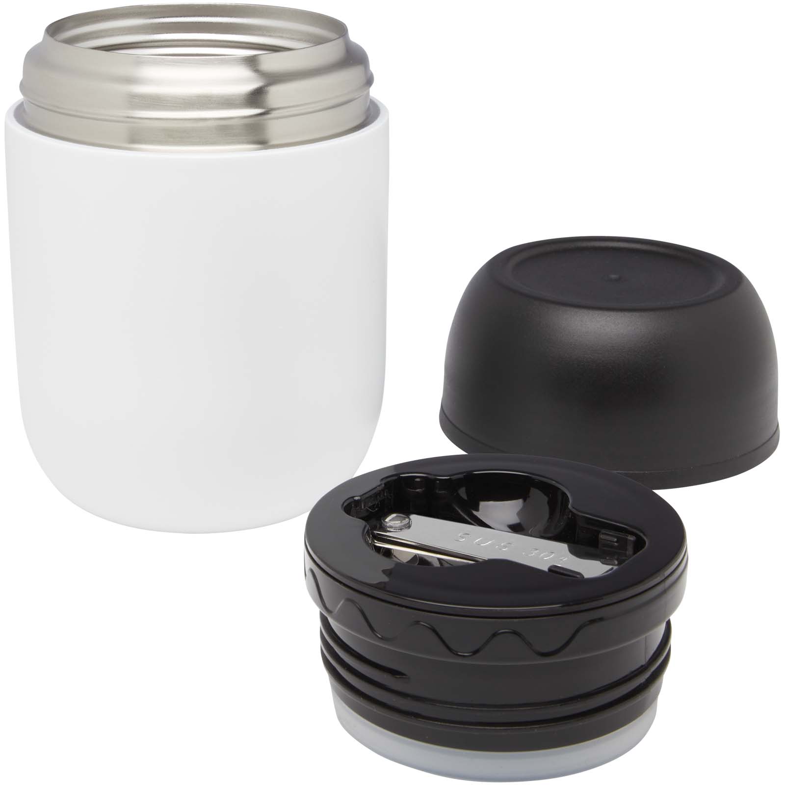 Supo 480 ml doppelwandiger Lunchpot aus recyceltem Edelstahl mit faltbarem Löffel weiss