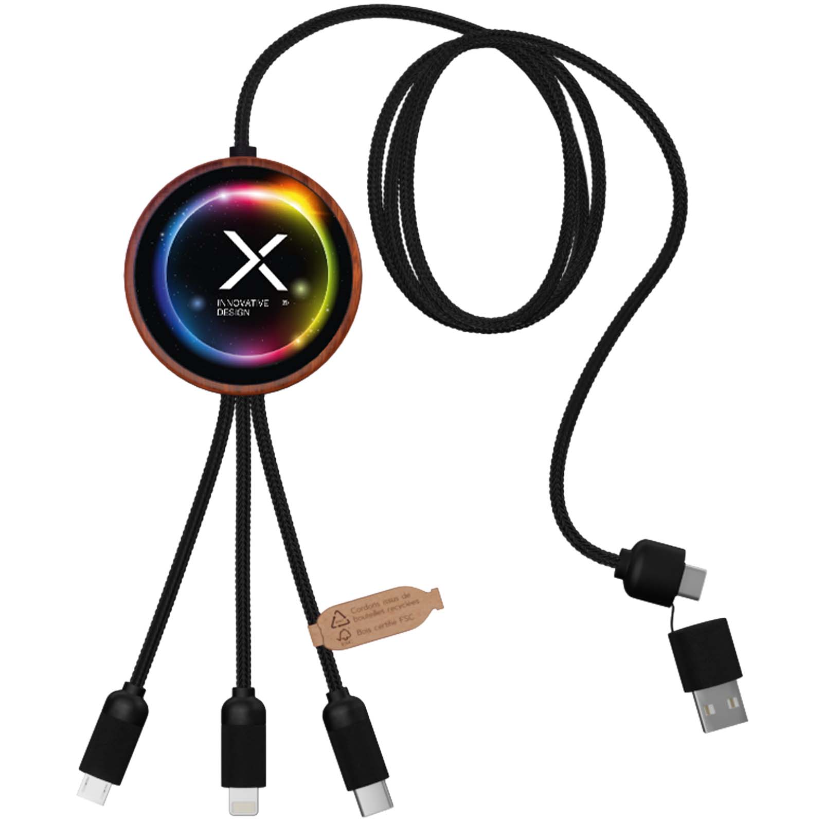 SCX.design C40 5-in-1 Ladekabel aus rPET mit 10W Ladepad und Leuchtlogo holz