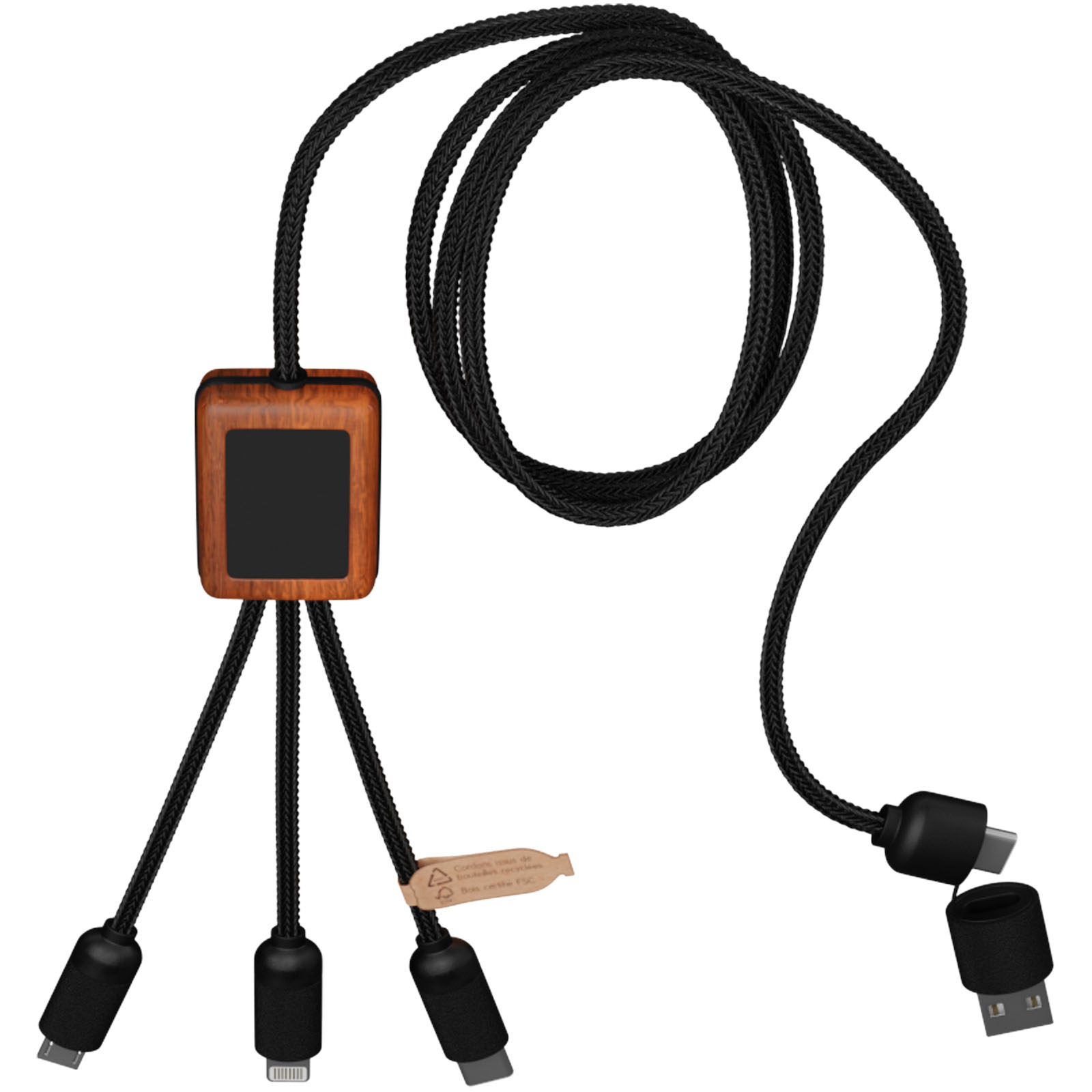 SCX.design C38 40W 5-in-1 Ladekabel aus rPET in quadratischem Bambusgehäuse mit Leuchtlogo blau, holz