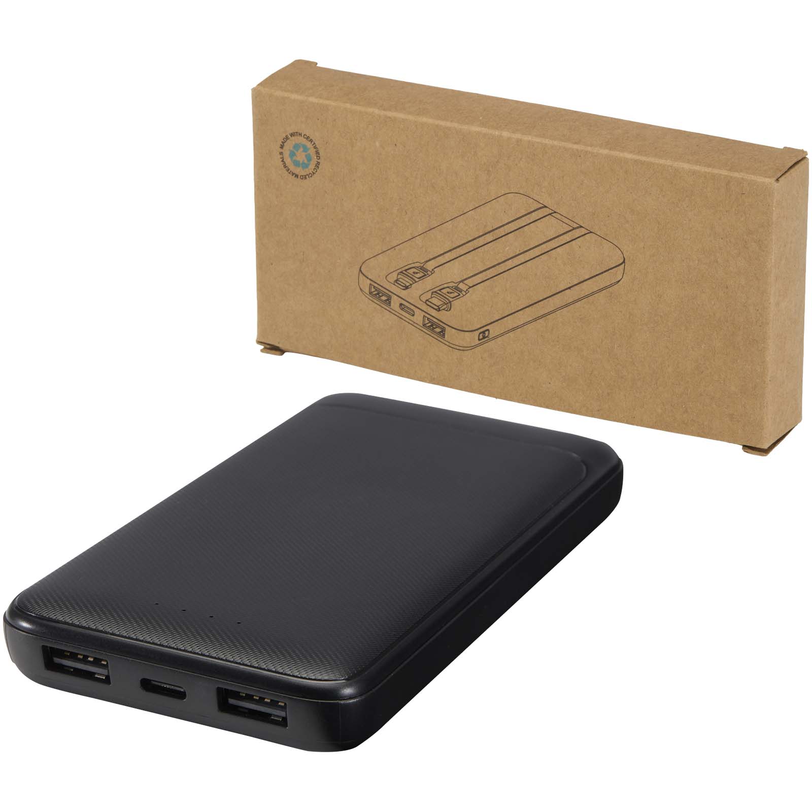 Adhil 10 W 10.000 mAh Powerbank aus recyceltem Kunststoff mit 2 integrierten Kabeln schwarz