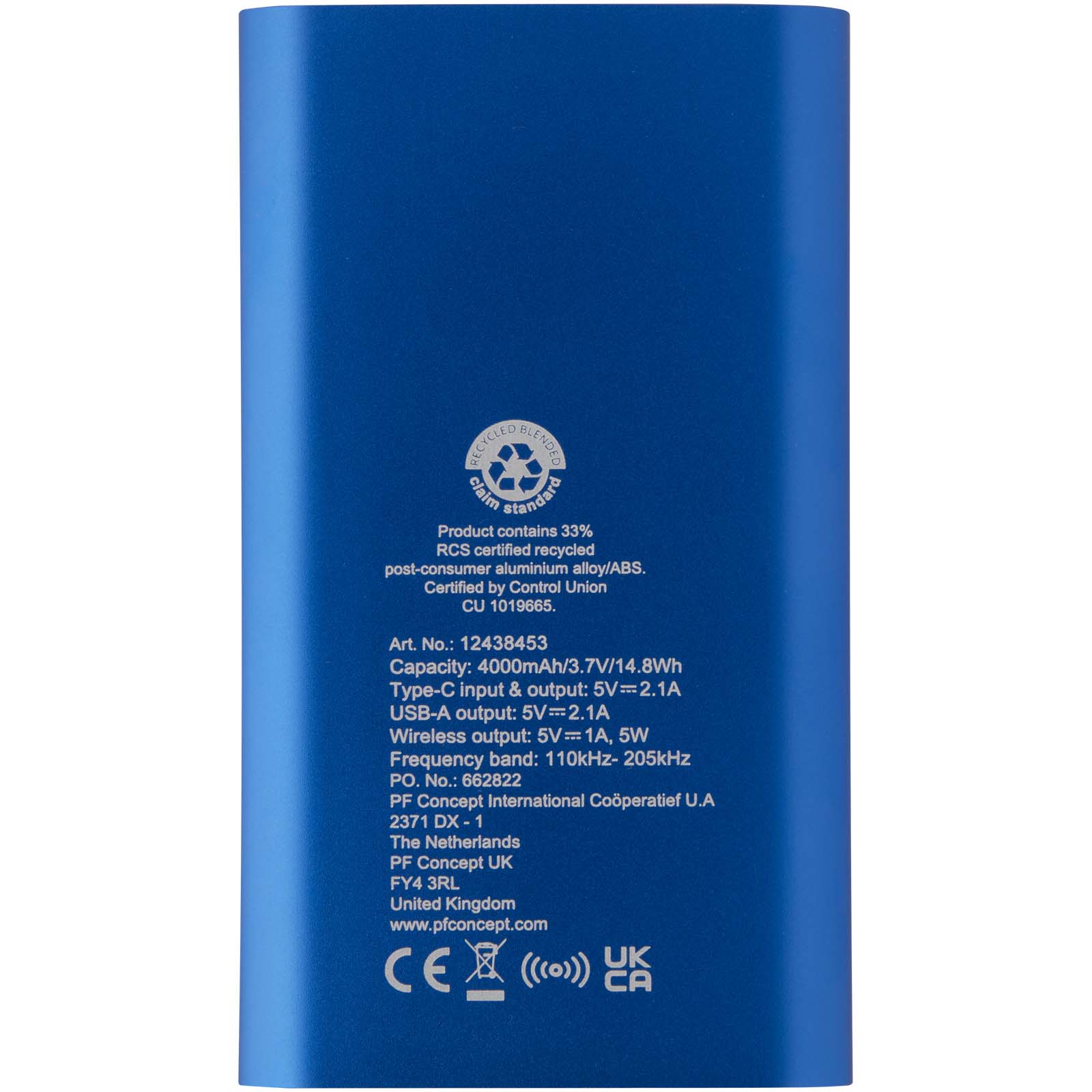 Juice 4000 mAh Typ-C kabellose Powerbank aus recyceltem Aluminium royalblau