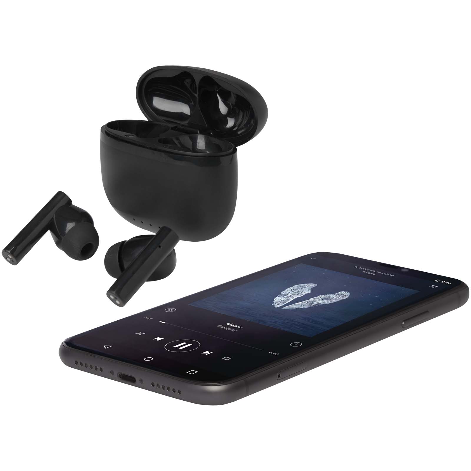 Alterf True Wireless Bluetooth® Headset aus recyceltem Kunststoff mit Silikon-Ohrstöpseln schwarz