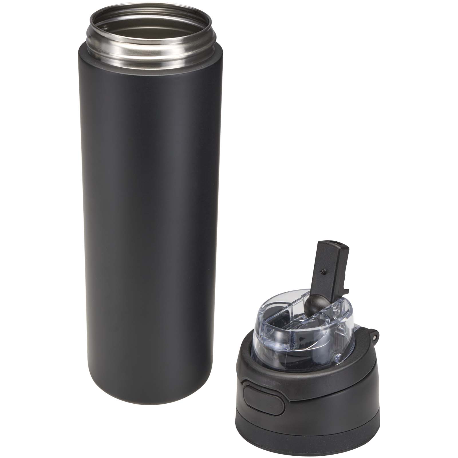 Theron 800 ml RCS Trinkflasche aus recyceltem, einwandigem Edelstahl mit Multifunktionsdeckel und Klappstrohhalm schwarz