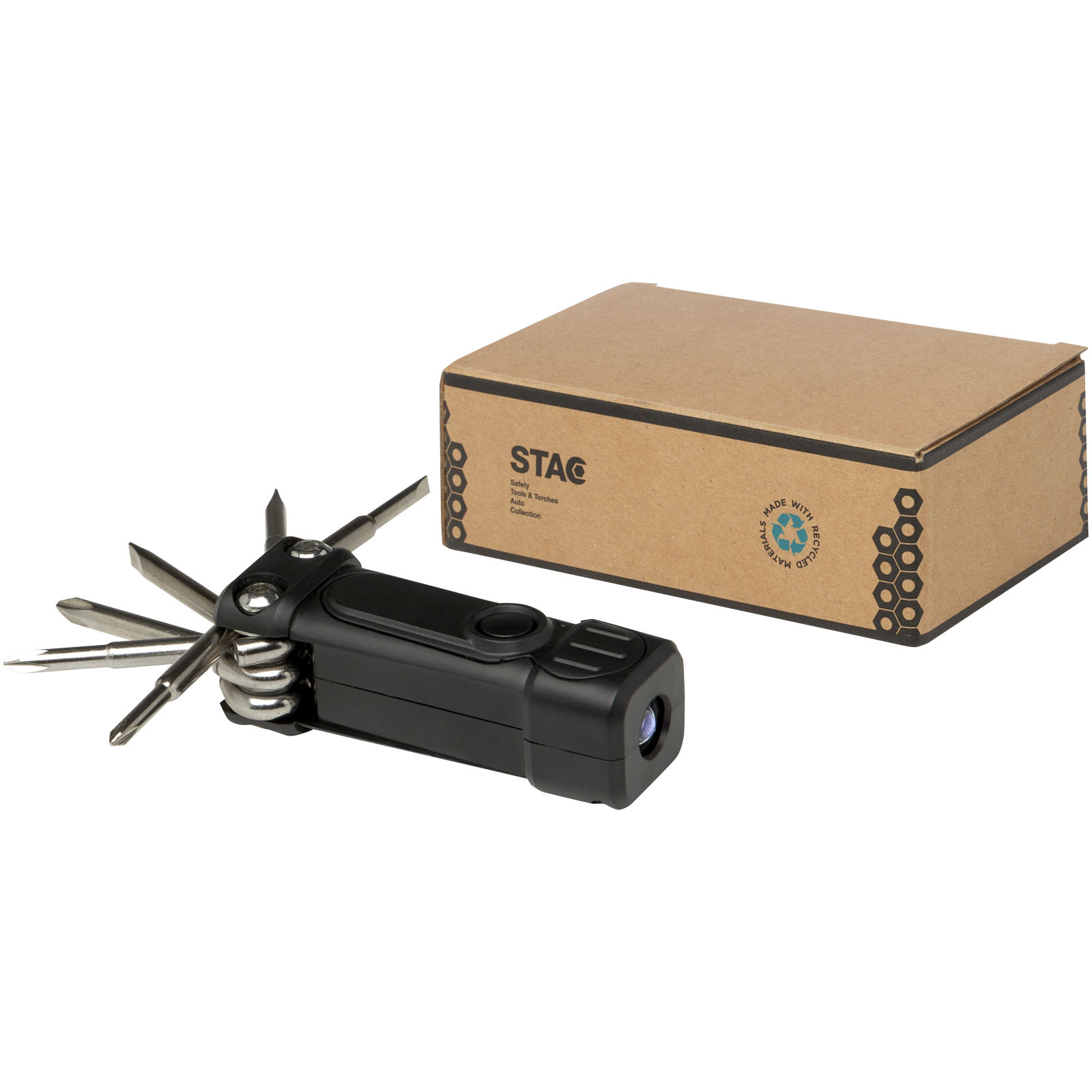Octo 8-in-1 Schraubenzieher-Set aus recyceltem RCS Kunststoff mit Taschenlampe schwarz