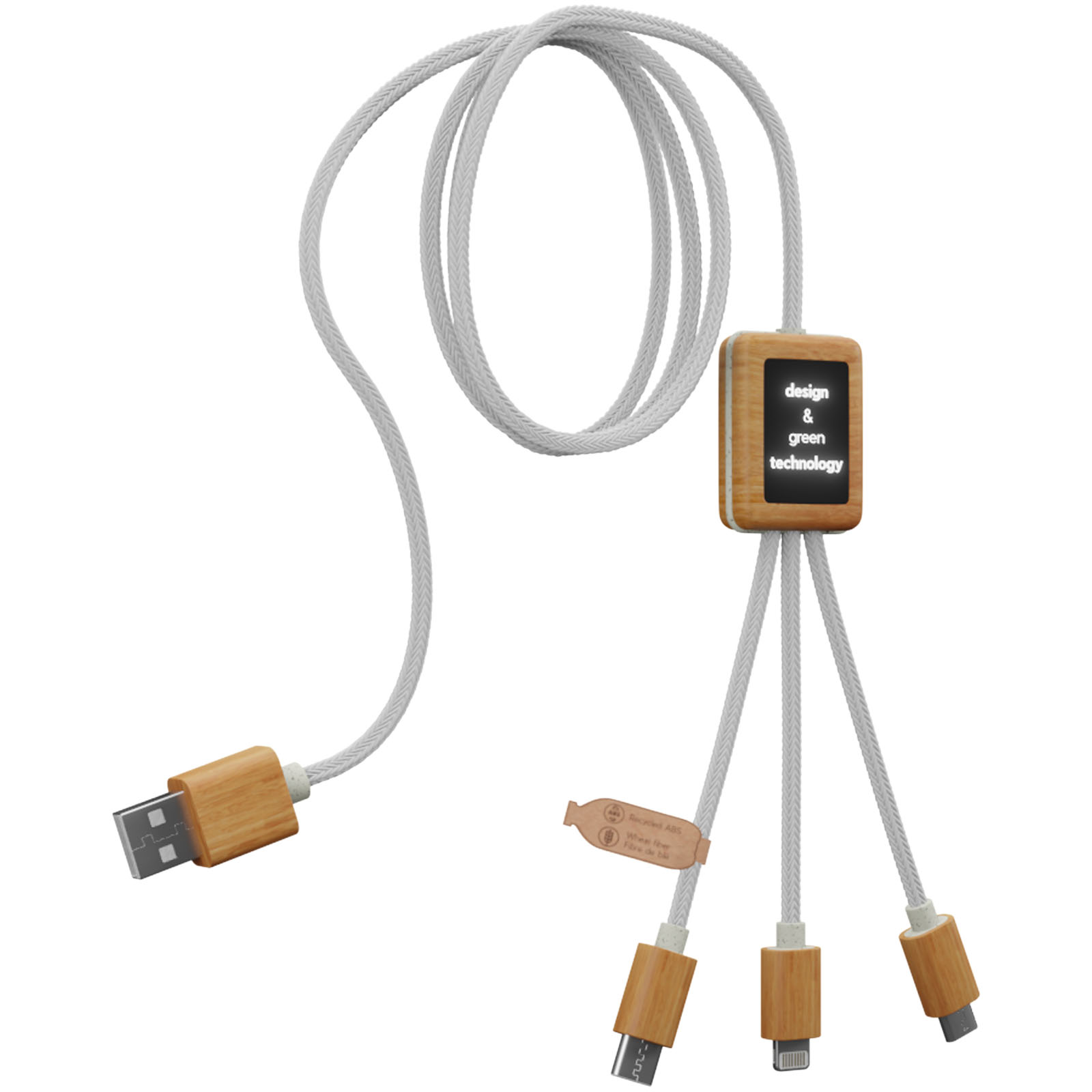 SCX.design C39 3-in-1-Ladekabel aus rPET mit Leuchtlogo und Bambusgehäuse weiss