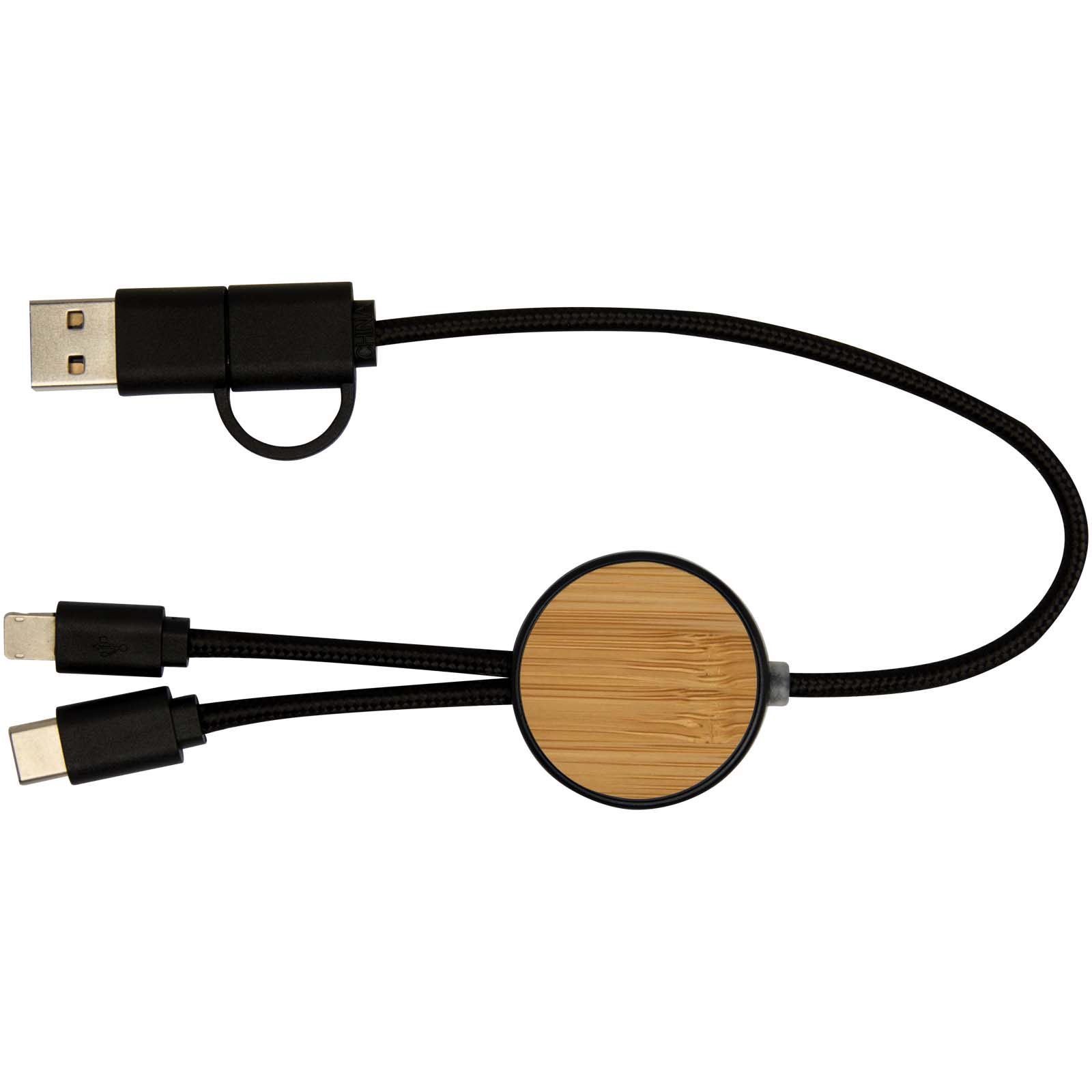Chechia 30 cm 5-in-1 Kabel aus recyceltem Kunststoff für Datenübertragung und 27W Schnellladung mit Bambusdetails schwarz