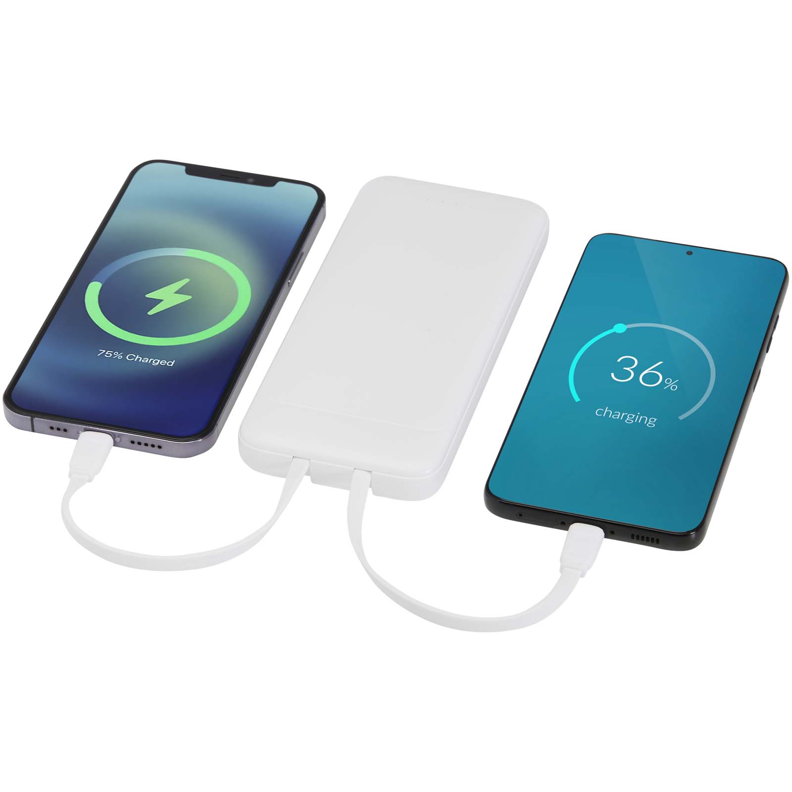 Adhil 10 W 10.000 mAh Powerbank aus recyceltem Kunststoff mit 2 integrierten Kabeln weiss