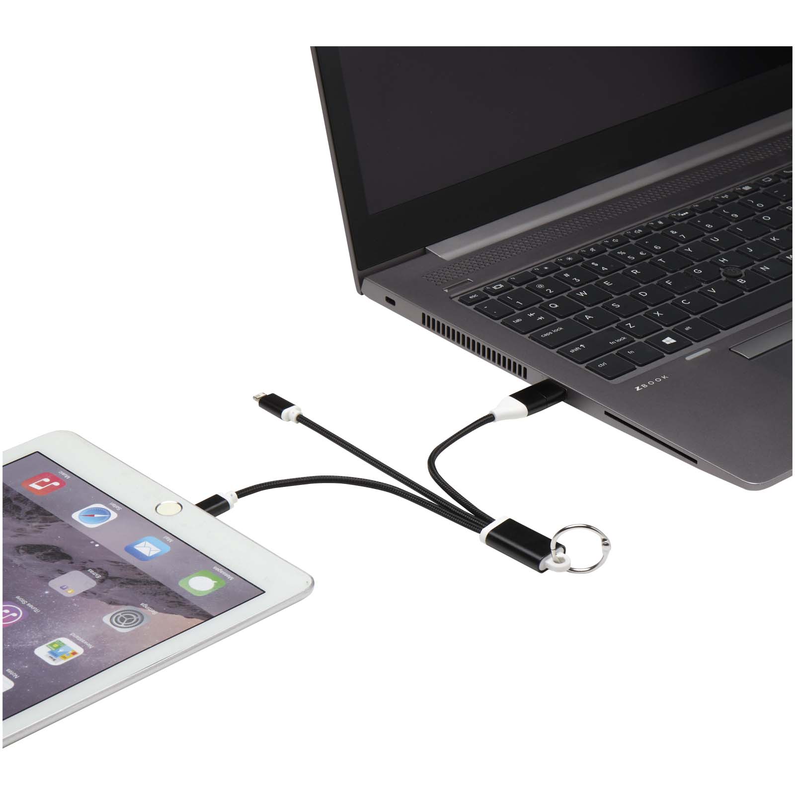 Metal 4-in-1 Ladekabel aus recyceltem Aluminium mit Schlüsselanhänger schwarz