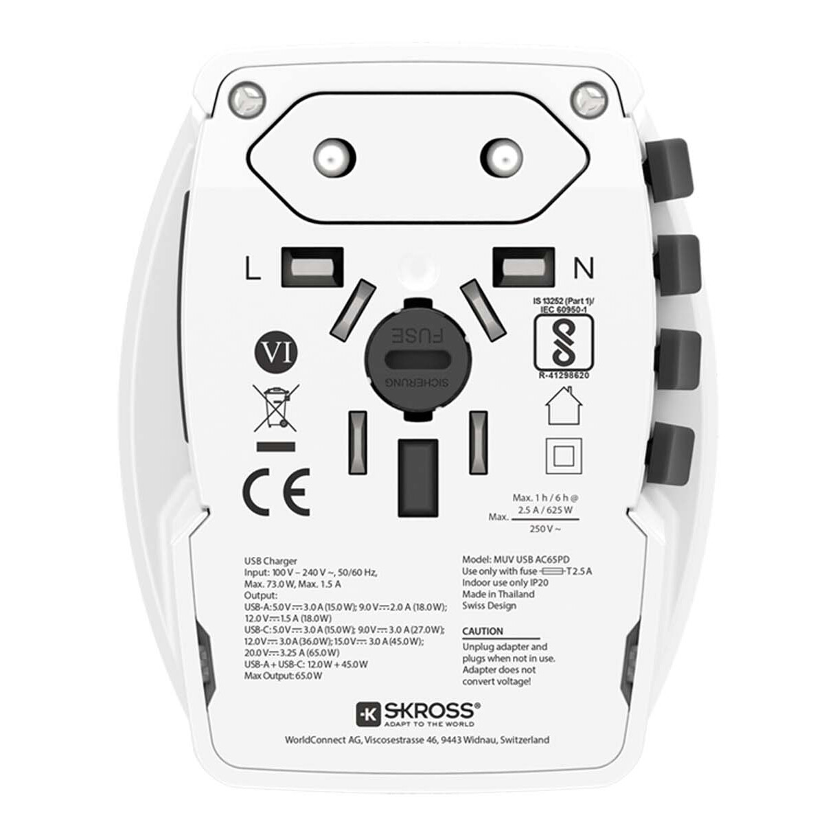 SKROSS® MUV AC65PD Reiseadapter mit USB-C Kabel weiss